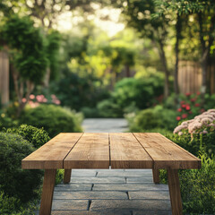 Naklejka premium rustic wooden table sits in serene garden, surrounded by lush greenery and vibrant flowers, creating peaceful atmosphere perfect for relaxation