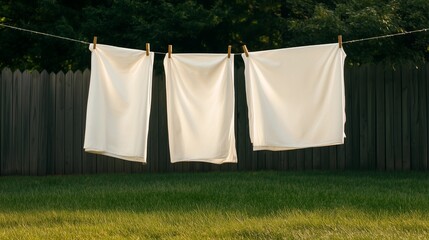 Freshly Washed Bedding Drying on a Clothesline in the Backyard