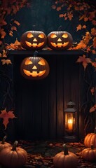 Obraz premium Decorative Halloween pumpkins with carved faces, autumn leaves, and a lantern