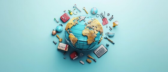 Obraz premium Modern 3D globe with surrounding professional icons briefcase, stethoscope, computer, tools, illustrating global career diversity with vibrant colors on a light blue background