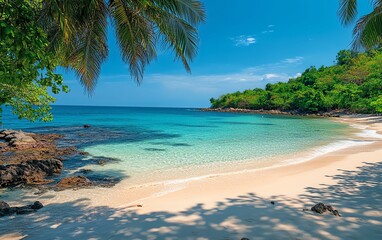 Pristine beaches of Phu Quoc Island in Vietnam, ideal for poster backgrounds, highlighting golden sands and lush tropical surroundings