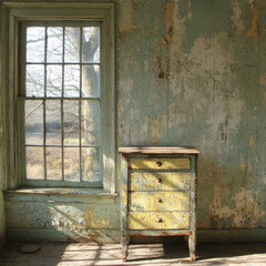 vintage yellow cabinet stands against weathered blue wall, illuminated by natural light streaming through large window. peeling paint adds character to this serene, rustic setting