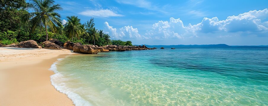 Scenic beaches of Phu Quoc Island, Vietnam, perfect for use as poster backgrounds, with clear blue skies and tranquil sea views