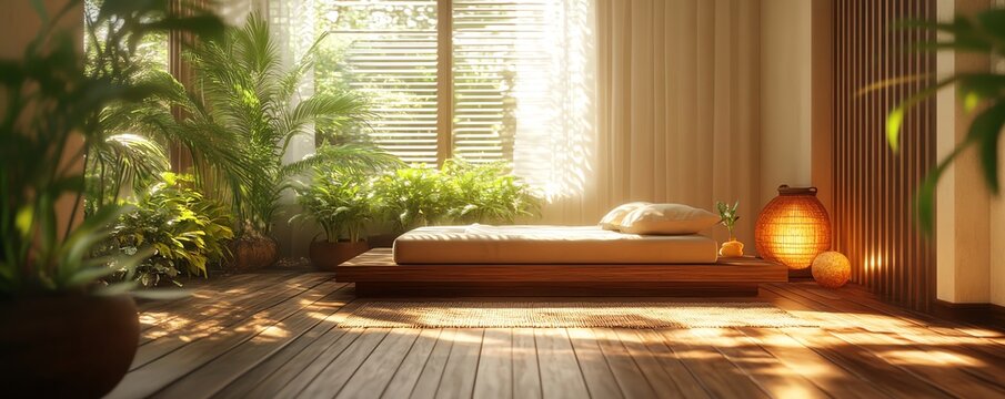 Serene Vietnamese massage parlor scene with wooden floors and Zen mood, illustrating a stressrelief setting without showing faces