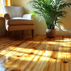 cozy light colored room features comfortable chair and sizable green plant, creating warm and inviting atmosphere. sunlight casts beautiful shadows on polished wooden floor