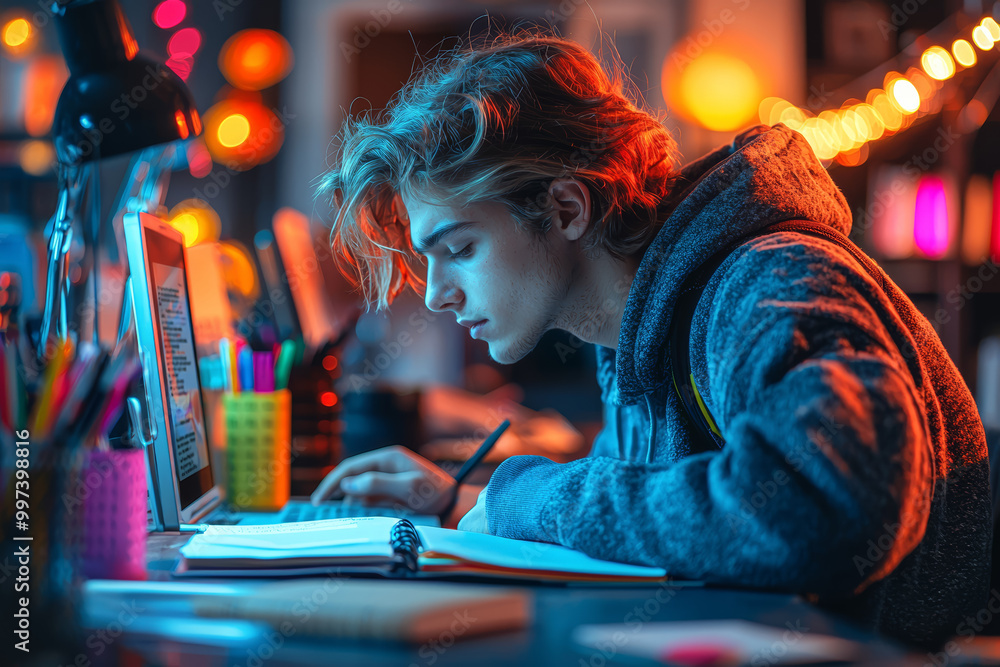 Poster a student attending an online lecture with a notebook and highlighters on their desk. concept of rem