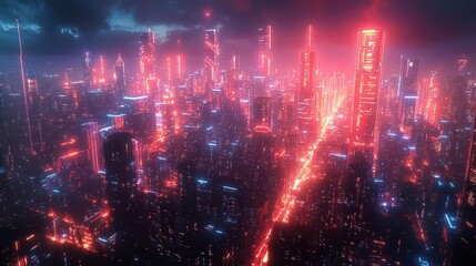 a captivating aerial view of a bustling city at night illuminated by neon lights and connected by glowing technology lines depicting the intersection of urban life and digital connectivity