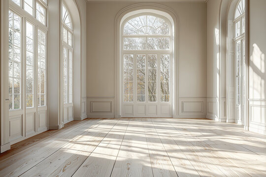 Fototapeta A spacious, airy room with only a few pieces of furniture and large windows. Concept of minimalist living.