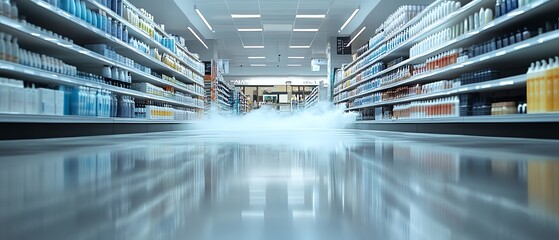 Fototapeta premium Cleaning company addressing odor issues in a store, ultrarealistic Canon perspective showing treatment application and detailed cleaning process