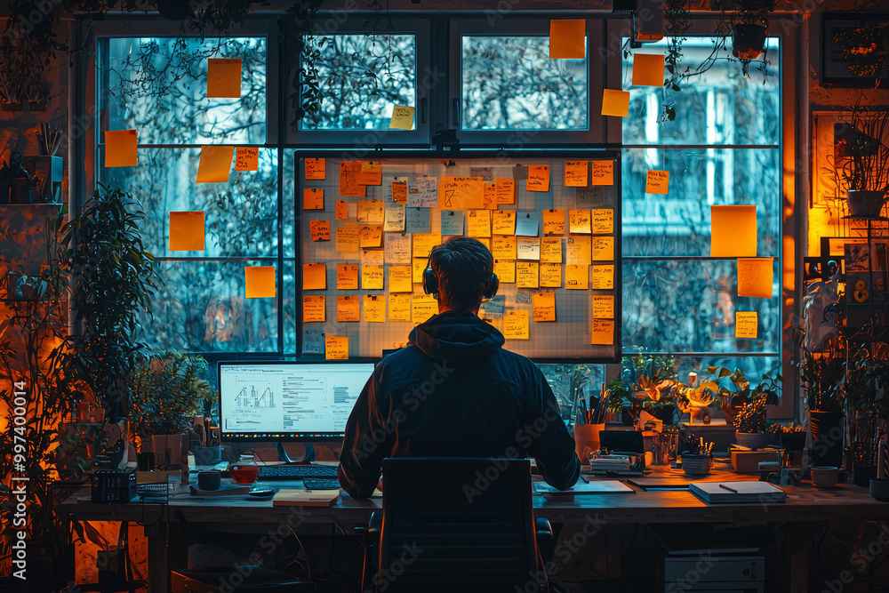 Poster A person working on a project from their home office, with a whiteboard and sticky notes in the background. Concept of organization and remote work.