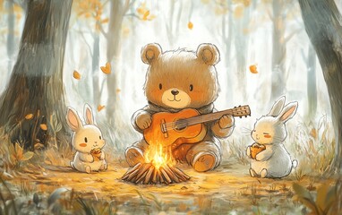 Fullpage Studio Ghiblistyle art featuring a chibi bear playing guitar at a campfire with chibi bunny and chibi cat in the woods