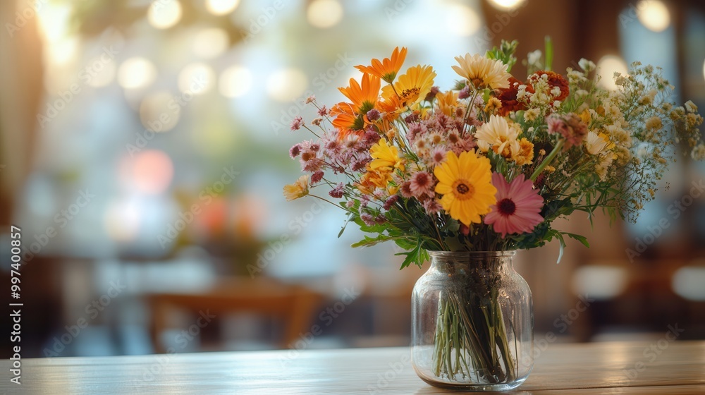 Poster A vibrant bouquet filled with various flowers sits in a glass vase, illuminated by soft lighting in a rustic setting. Generative AI