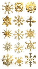 Set of gold christmas snowflakes on white background