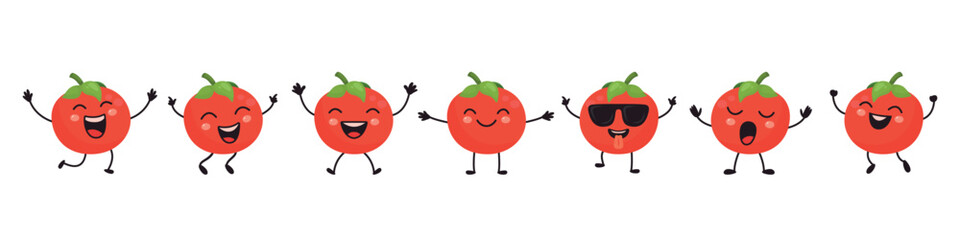 Flat Vector Cartoon Cute and Funny Tomato Character. Dancing, Smiling, Happy, Singing Tomato with Different Faces and Emotions. Tomato Icon, Logo, Vector Illustration in Kawaii Style