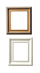 Two rectangular picture frames, one brown and one white, isolated on a clean background. transparent background.