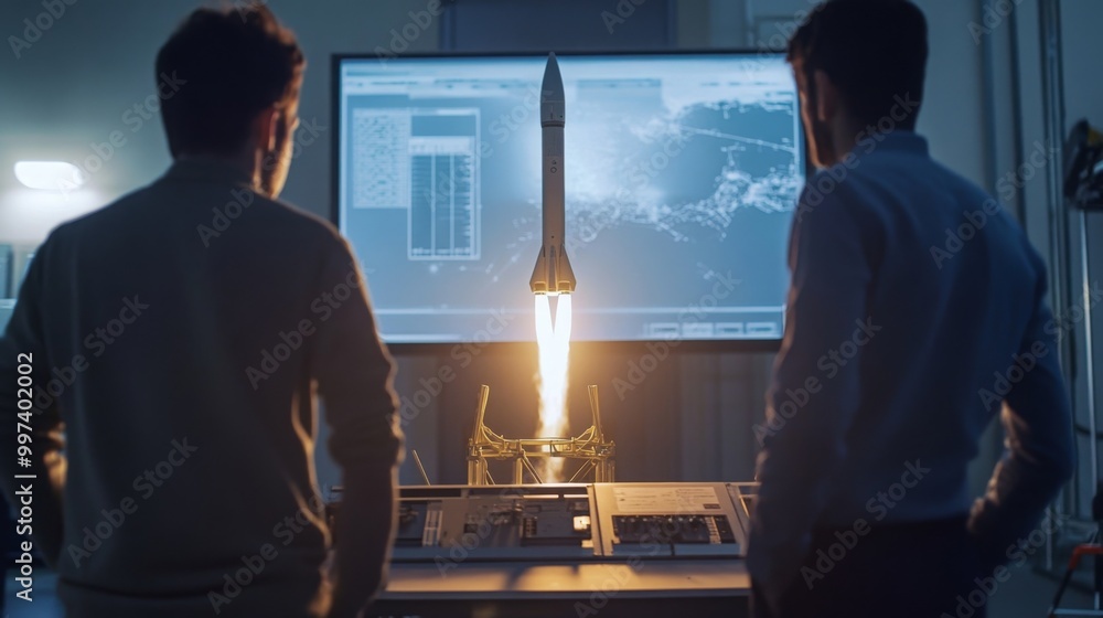 Poster Two engineers stand closely, observing the launch of a miniature rocket amidst a backdrop of advanced technology. Bright flames erupt from the rocket as it begins its ascent in the control room.