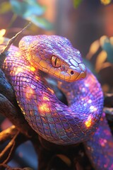 Iridescent snake coiled on a branch, glowing scales, sunlight filtering through