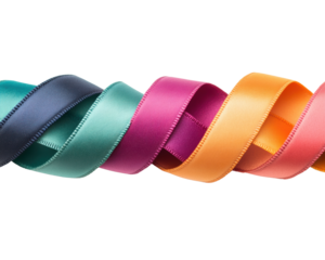 Colorful satin ribbon twisted together on a white isolated background. transparent background.