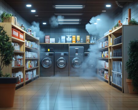 Ultrarealistic Canon perspective of a store undergoing odor elimination by a cleaning company, highlighting treatment processes and cleaning efficiency