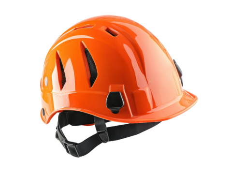 Bright orange construction helmet on white isolated background. transparent background.