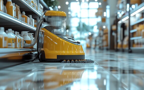 Ultrarealistic Canon view of a cleaning company in action, applying treatments to eliminate odors in a store, with detailed and professional cleaning equipment