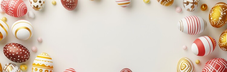 Obraz premium Colorful Easter eggs, painted with gold, white, and red patterns, arranged around a blank space for text or message..