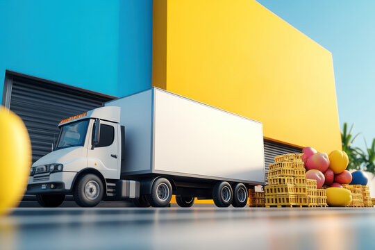 delivery truck parked near colorful storefronts, surrounded by fruit crates.