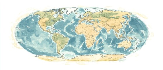Pastelcolored handdrawn flat circular vector map of the world with a white background and clean borders