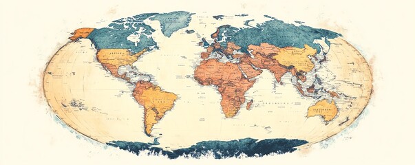 Naklejka premium Pastelcolored handdrawn old flat circular vector map of the world with a white background