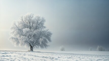 A solitary frosted tree stands in a vast snow-covered landscape, under an overcast sky, capturing the serene stillness of winter..