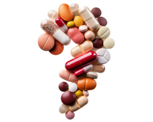 Colorful assortment of pills and capsules arranged artistically on a white background. transparent background.