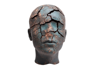A cracked sculpture of a human head, isolated on a white background transparent background.