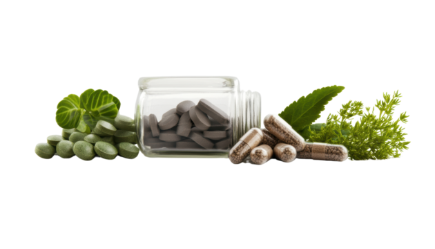 Natural supplements with green leaves and capsules on a white isolated background. transparent background.