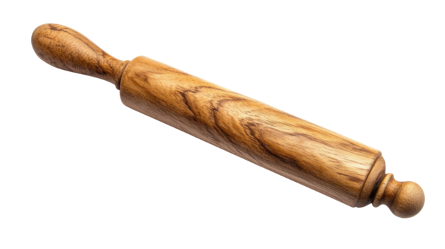 Wooden rolling pin with a beautiful grain pattern isolated on a white background, transparent background.