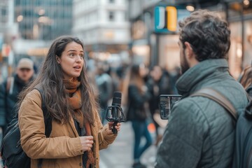 A journalist interviews an expert amidst a bustling city street filled with people on a bright day, capturing live insights. Generative AI