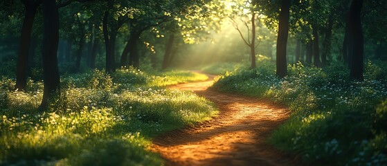 Obraz premium Winding dirt path through a lush green forest, bathed in soft sunlight, peaceful and inviting