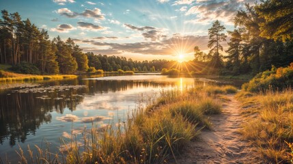 Fototapeta premium Tranquil sunset reflecting on a calm lake surrounded by forest, with a sandy path leading along the water's edge..