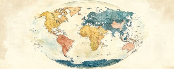 Handdrawn flat circular world map in pastel colors on a white background