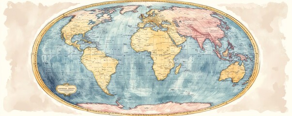 Fototapeta premium Handdrawn flat circular world map in pastel colors on a white background
