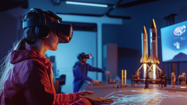 In a modern technology lab, two individuals engage with virtual reality equipment