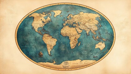 High detail handdrawn old flat circular vector map of the world