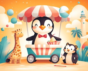 Naklejka premium Lighthearted cartoon illustration of a penguin ice cream vendor in a bow tie and striped hat