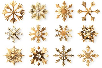 Set of gold christmas snowflakes on white background