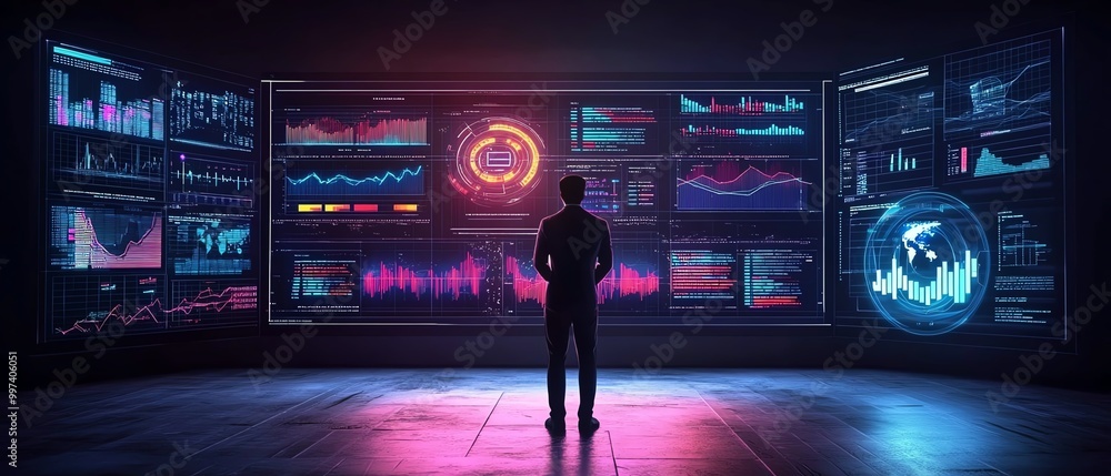 Leinwandbilder Businessman with data management system by AI artificial intelligence technology to make report with KPI and metrics connected to database finance