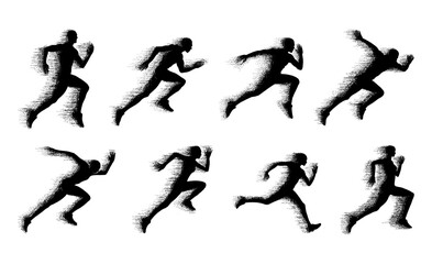 Running men and women, vector set of isolated silhouettes with stipple effect