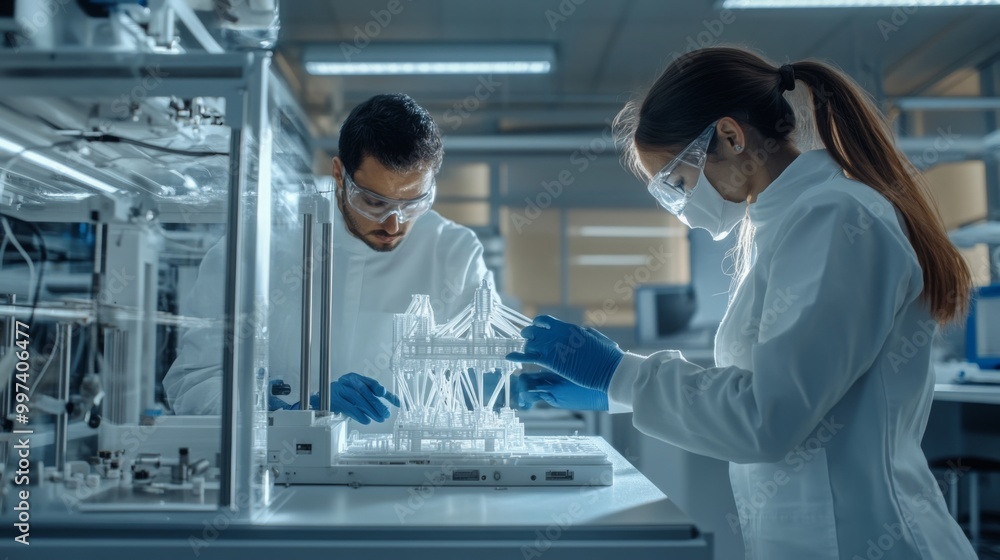 Poster two scientists are focused on their work in a modern laboratory, wearing protective gear and examini