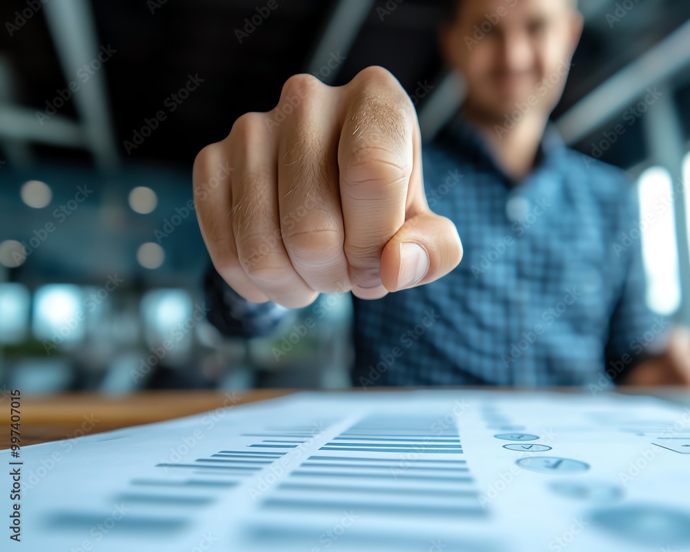 Poster businessman with business performance document checklist and approves business project business eval