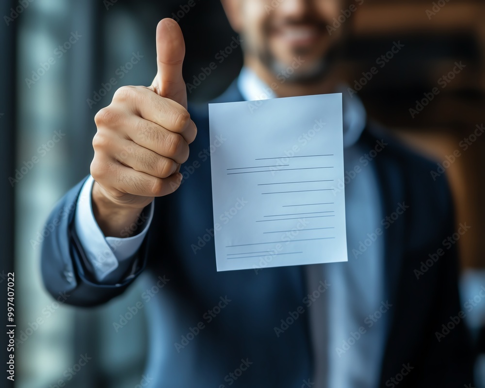 Poster Businessman with business performance document checklist and approves business project business evaluation, project approval and enhancing business performance