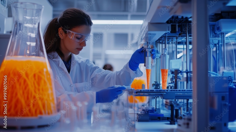 Aufkleber A scientist in protective gear carefully handles equipment while working with a bright orange solution in a high-tech laboratory