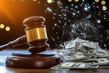 A judge’s gavel coming down next to a pile of digital documents : Generative AI